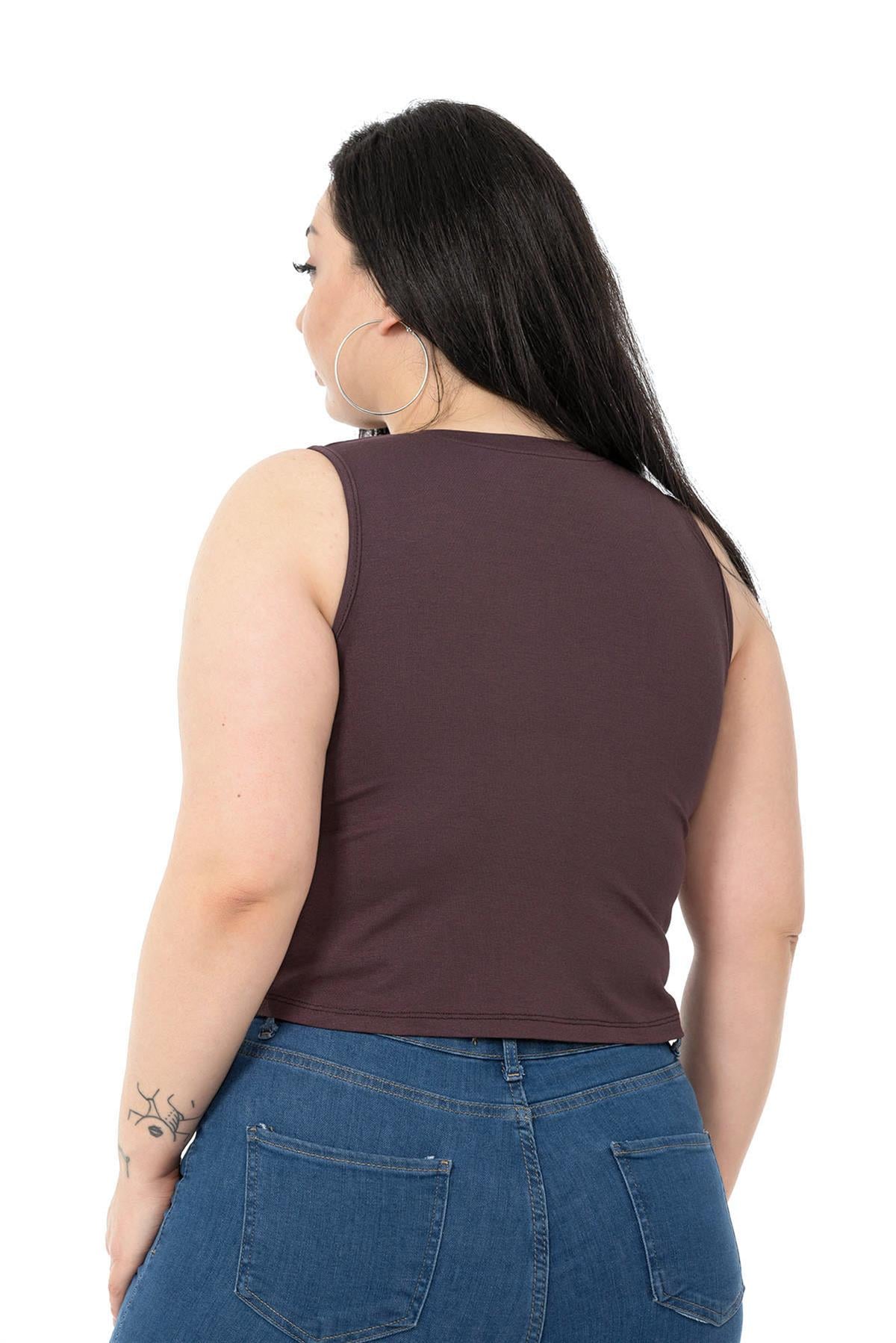 Büyük Beden Bisiklet Yaka Kolsuz Crop Viskon Koyu Vizon Body