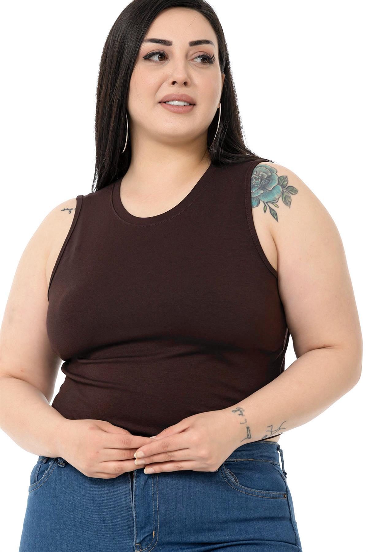 Büyük Beden Bisiklet Yaka Kolsuz Crop Viskon Kahverengi Body