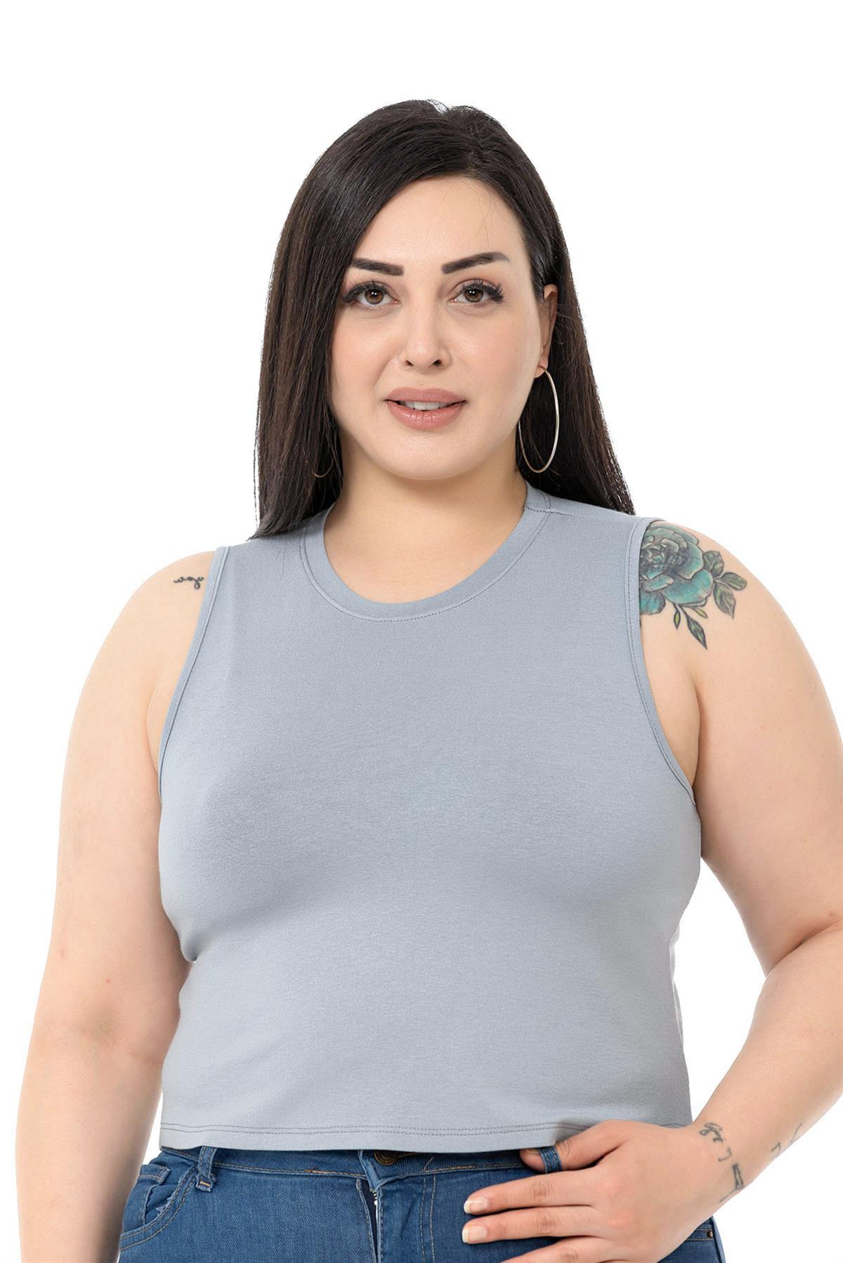 Büyük Beden Bisiklet Yaka Kolsuz Crop Viskon Açık Gri Body