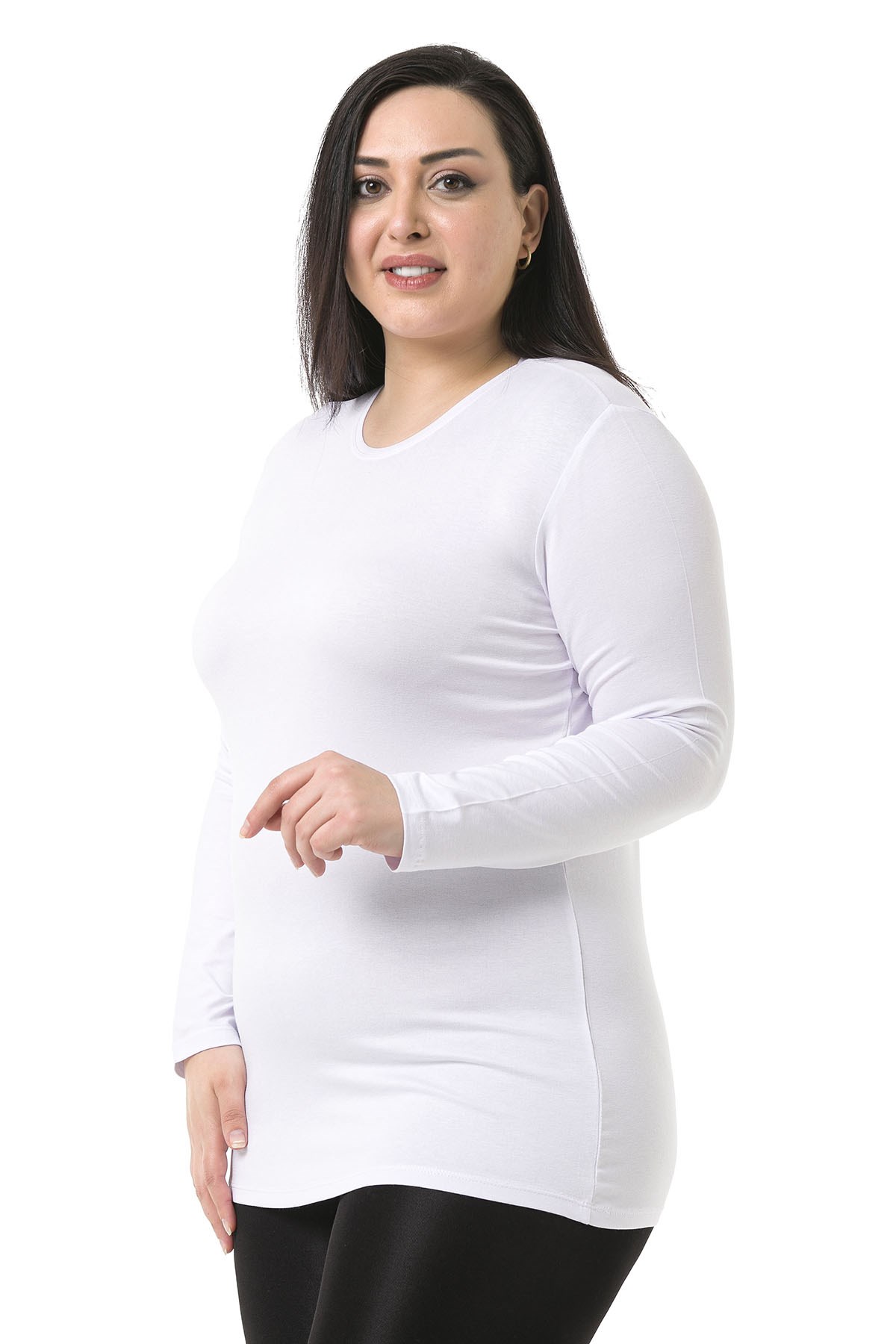 Büyük Beden Bisiklet Yaka Uzun Kollu Viskon Beyaz Body