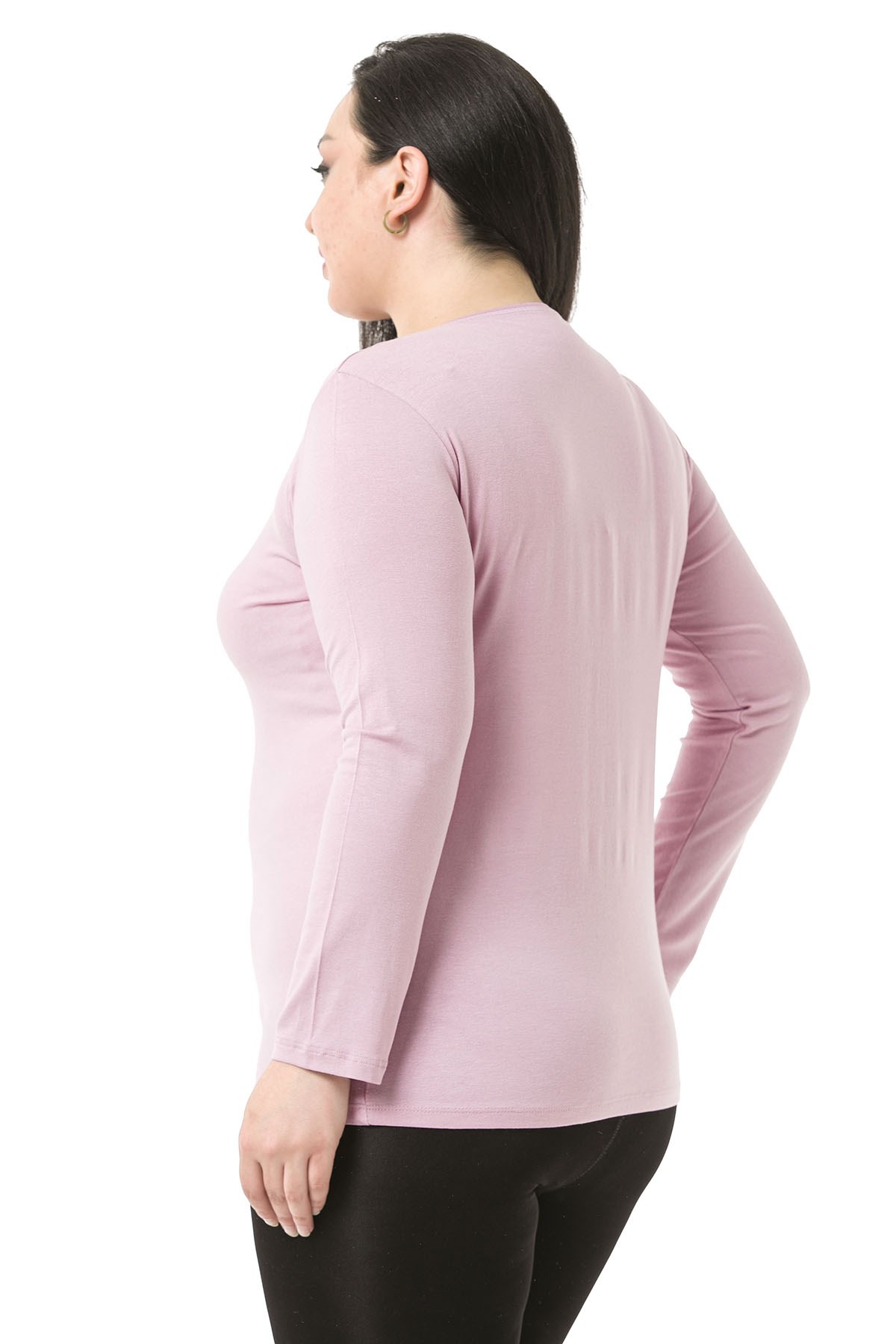 Büyük Beden Bisiklet Yaka Uzun Kollu Viskon Pembe Body