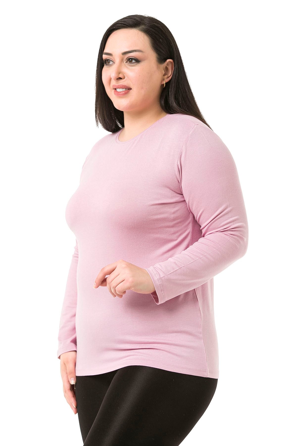 Büyük Beden Bisiklet Yaka Uzun Kollu Viskon Pembe Body