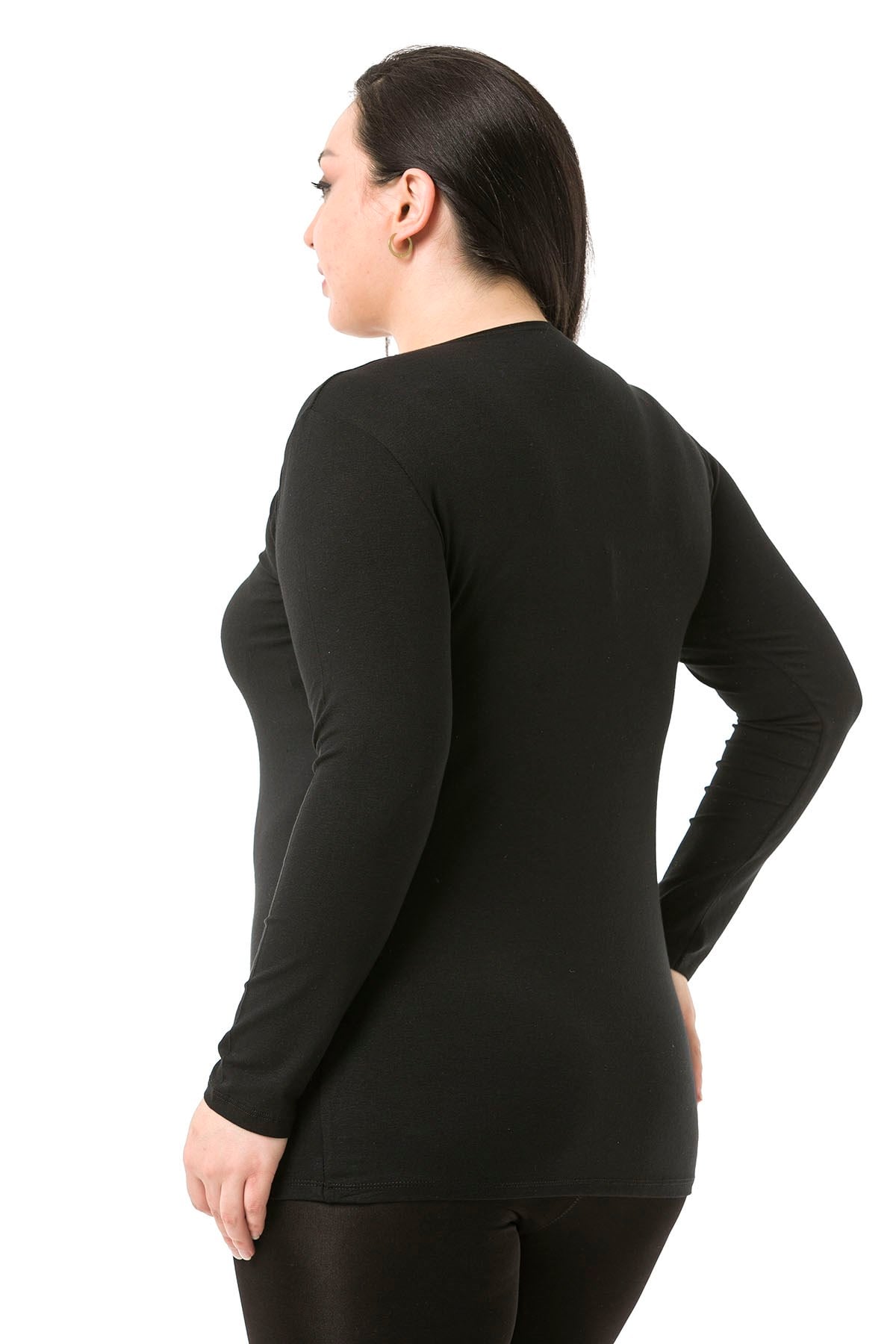 Büyük Beden Bisiklet Yaka Uzun Kollu Viskon Siyah Body