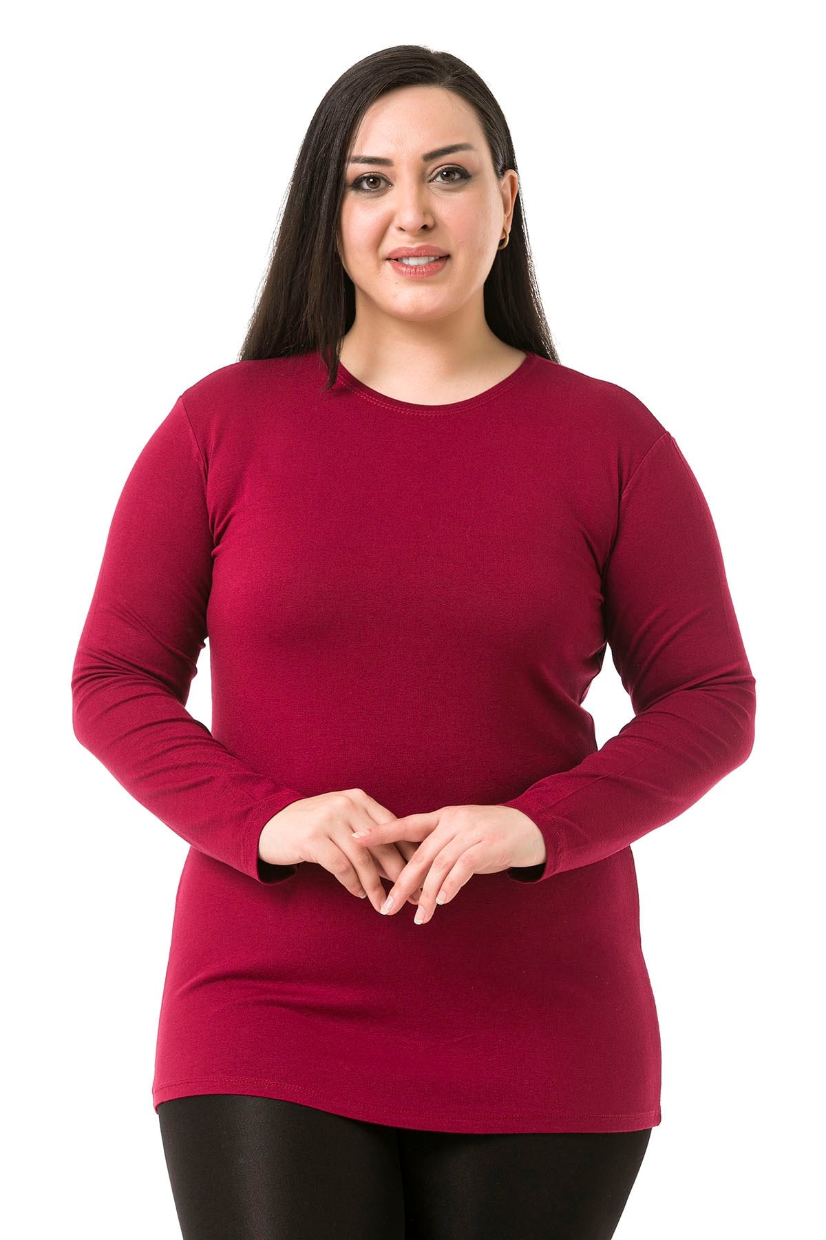 Büyük Beden Bisiklet Yaka Uzun Kollu Viskon Bordo Body