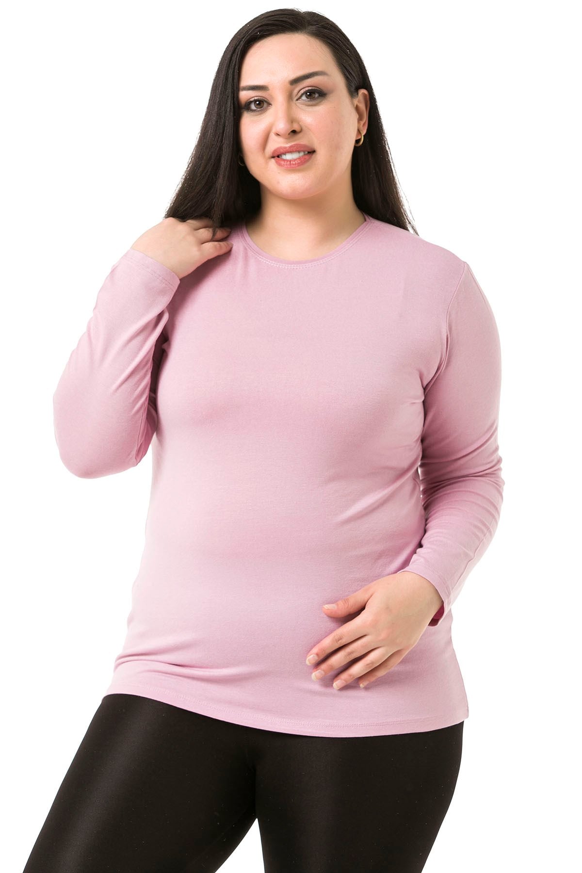 Büyük Beden Bisiklet Yaka Uzun Kollu Viskon Pembe Body