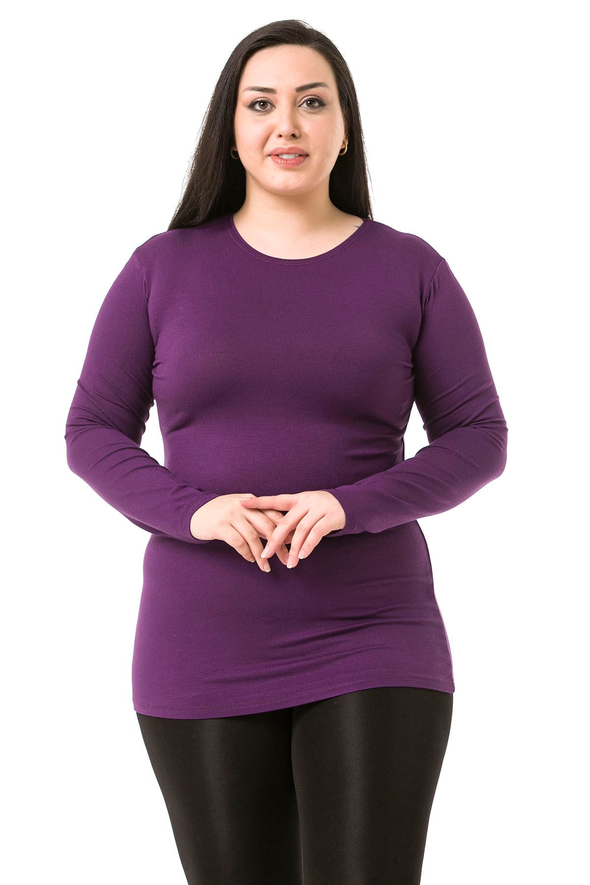 Büyük Beden Bisiklet Yaka Uzun Kollu Viskon Mürdüm Body