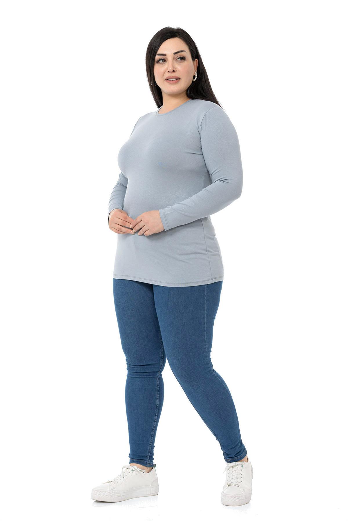 Büyük Beden Bisiklet Yaka Uzun Kollu Viskon Açık Gri Body