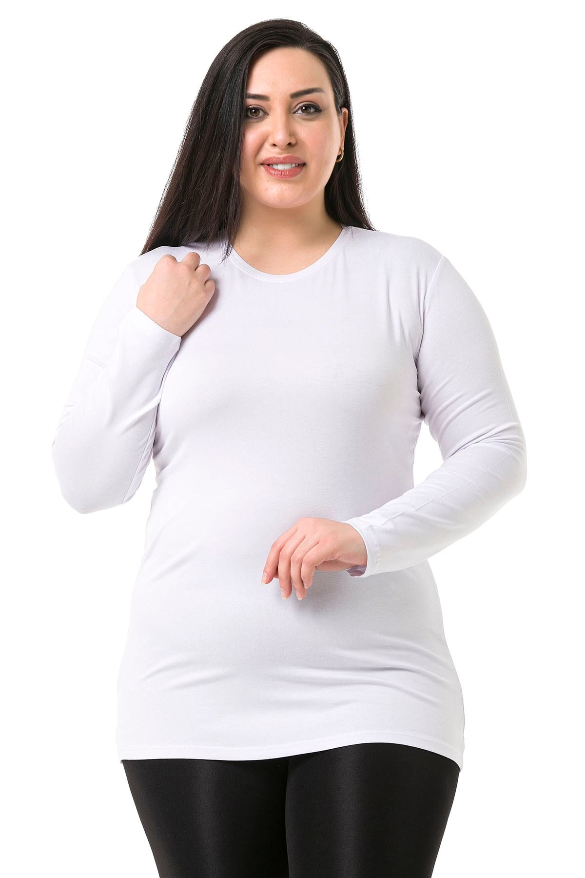 Büyük Beden Bisiklet Yaka Uzun Kollu Viskon Beyaz Body