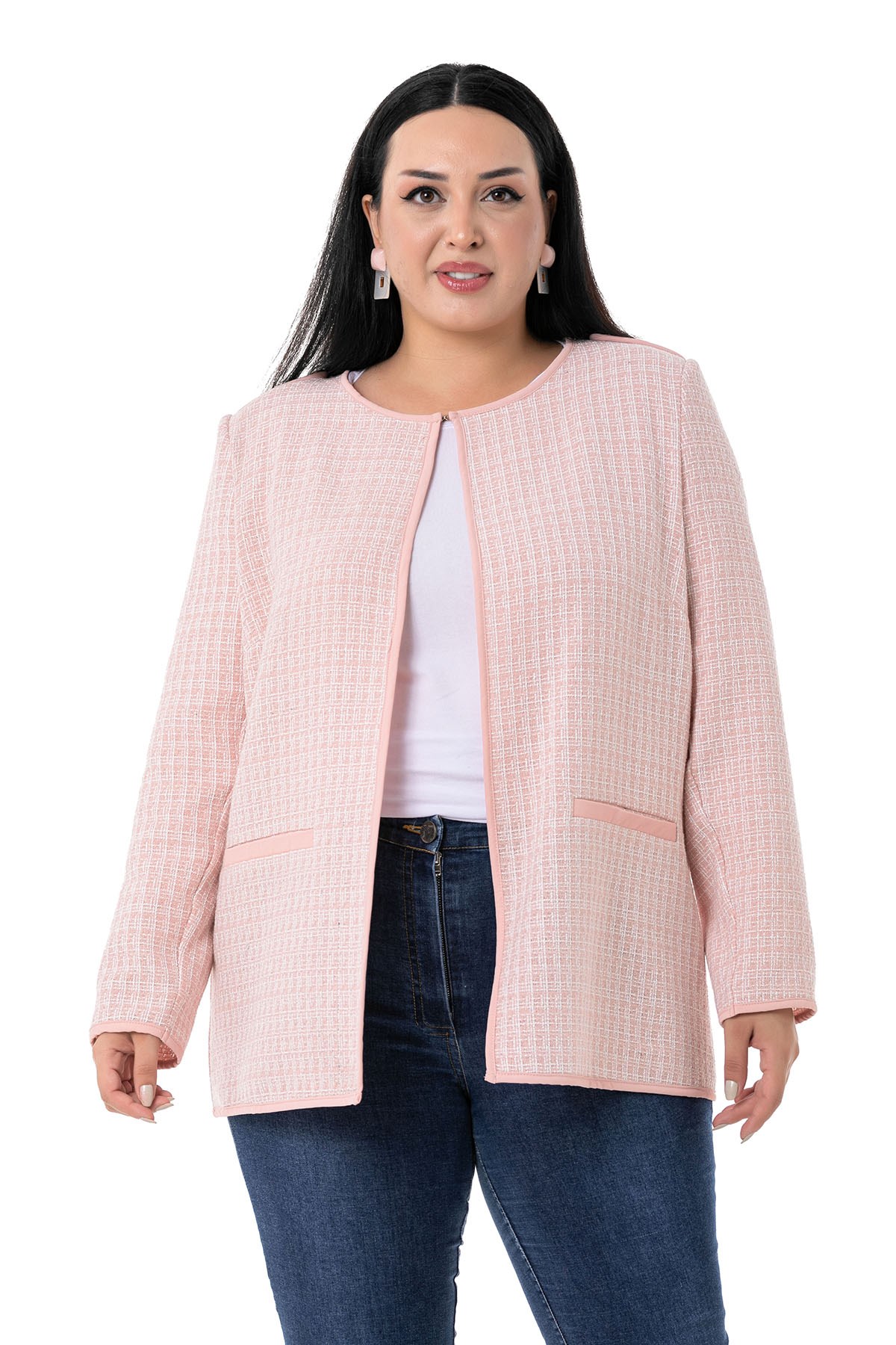 Plus Size Pink Unlined Jacket with Piping Detail Epaulettes Fake Pockets and Slings