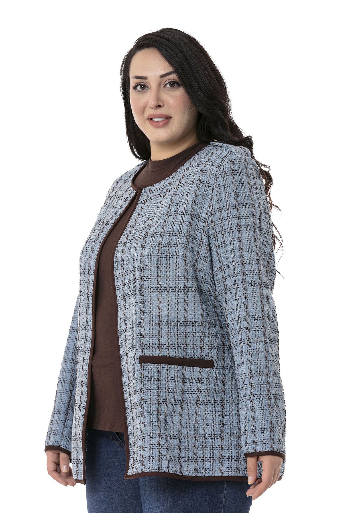 Plus Size Blue Unlined Jacket with Piping Detail Epaulettes Fake Pockets and Agraffiti