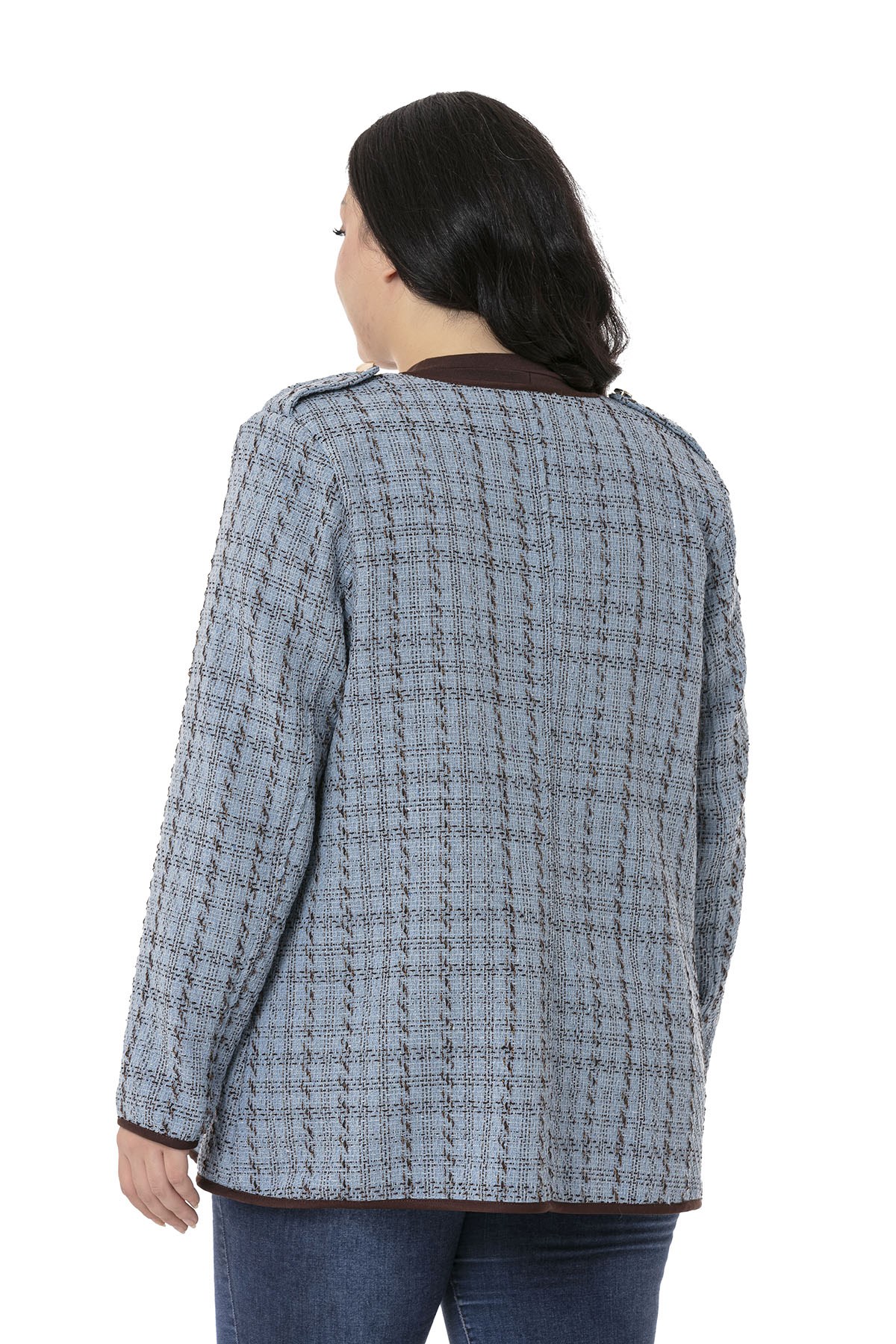 Plus Size Blue Unlined Jacket with Piping Detail Epaulettes Fake Pockets and Agraffiti