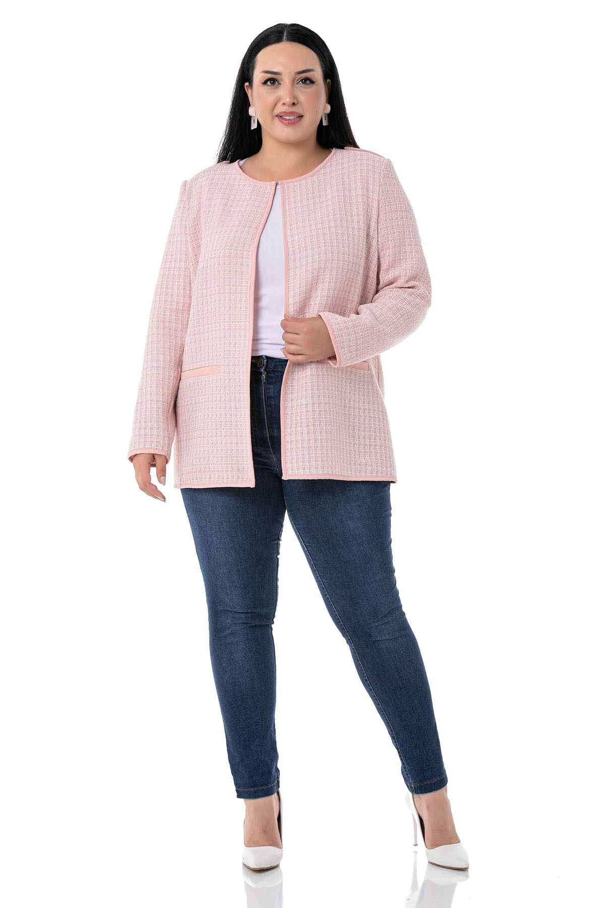 Plus Size Pink Unlined Jacket with Piping Detail Epaulettes Fake Pockets and Slings