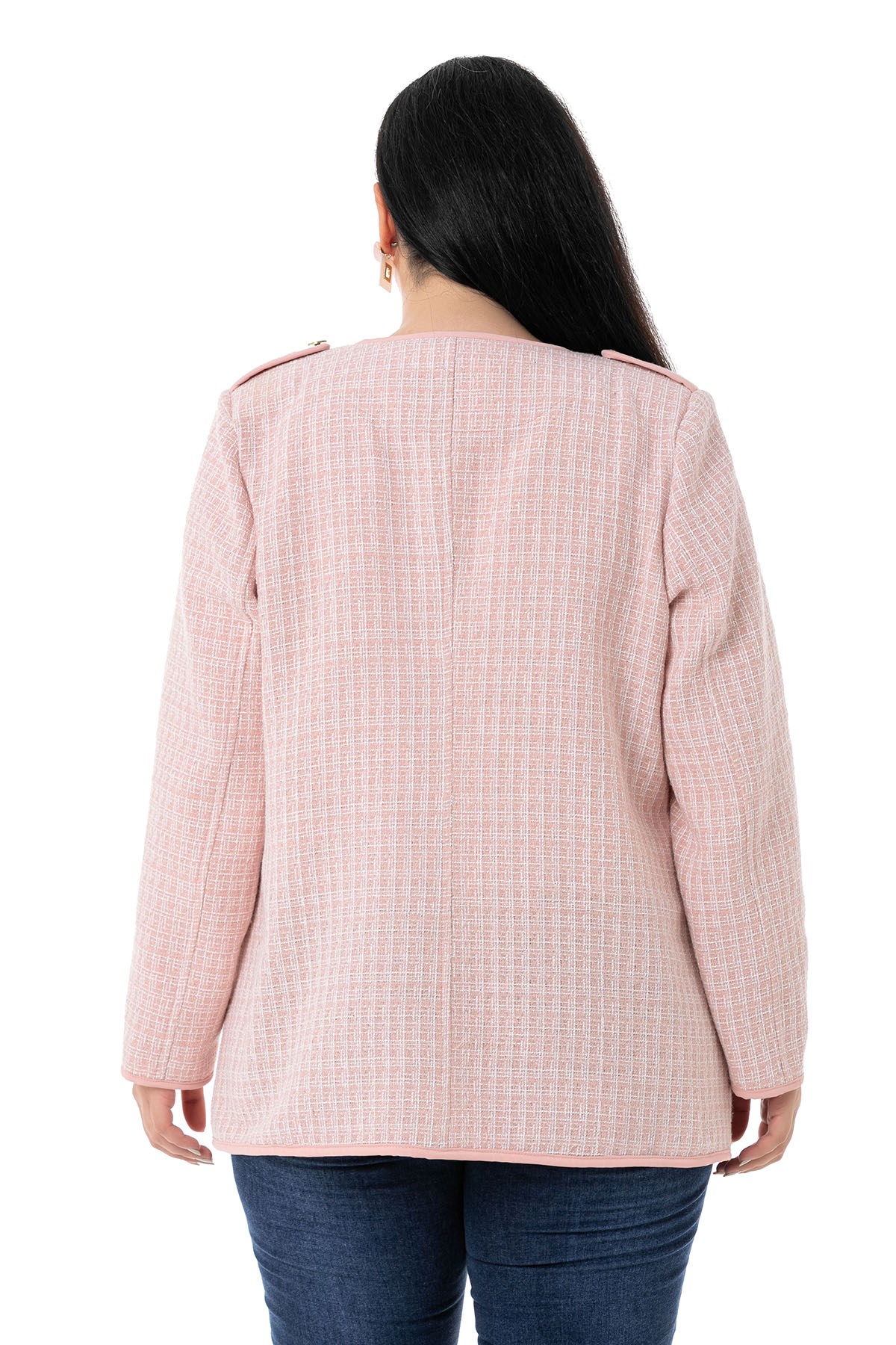 Plus Size Pink Unlined Jacket with Piping Detail Epaulettes Fake Pockets and Slings