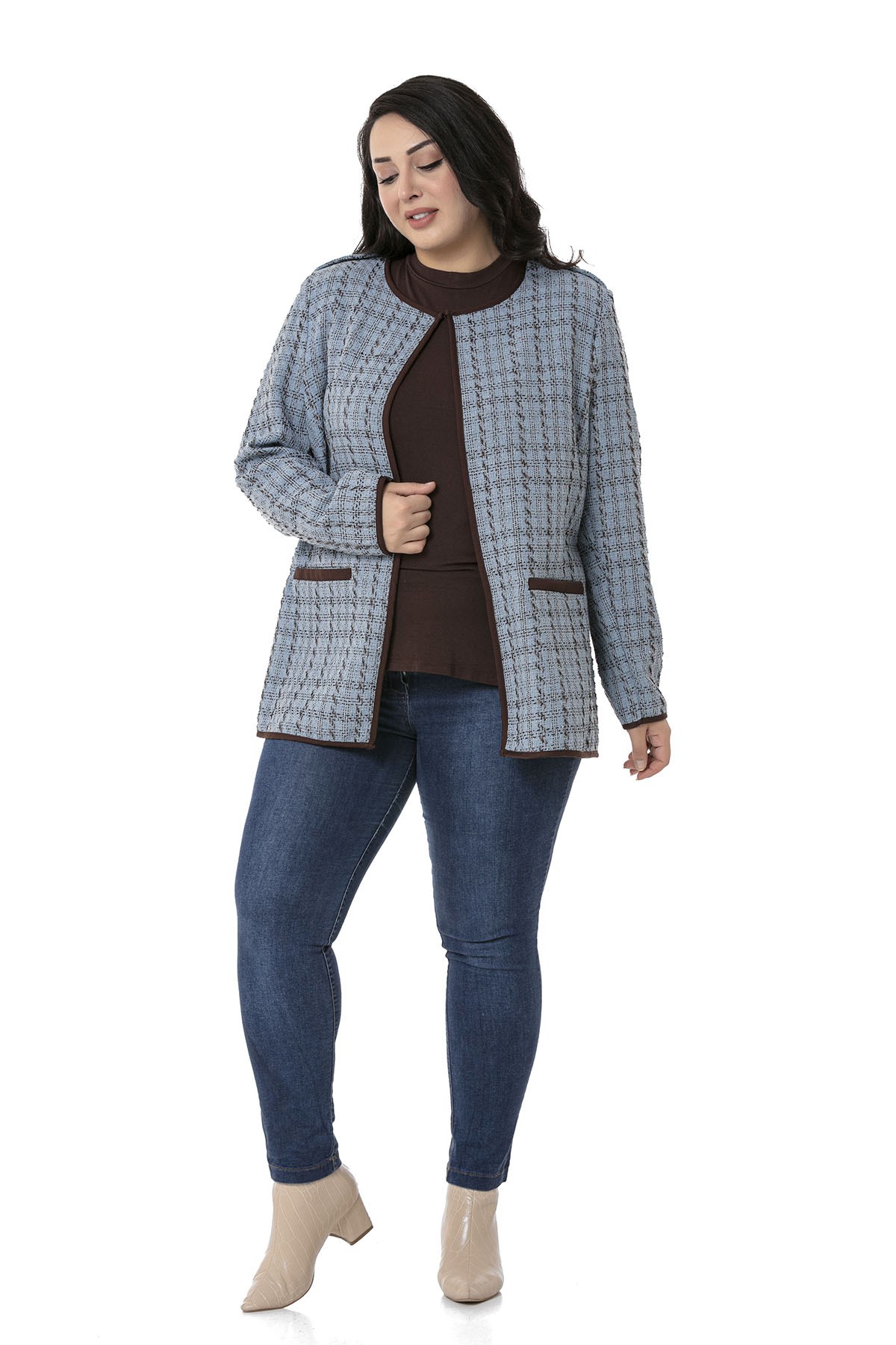 Plus Size Blue Unlined Jacket with Piping Detail Epaulettes Fake Pockets and Agraffiti