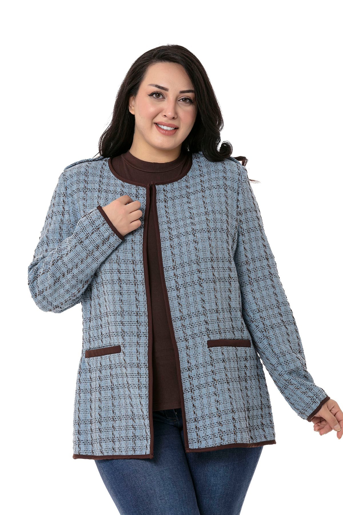 Plus Size Blue Unlined Jacket with Piping Detail Epaulettes Fake Pockets and Agraffiti