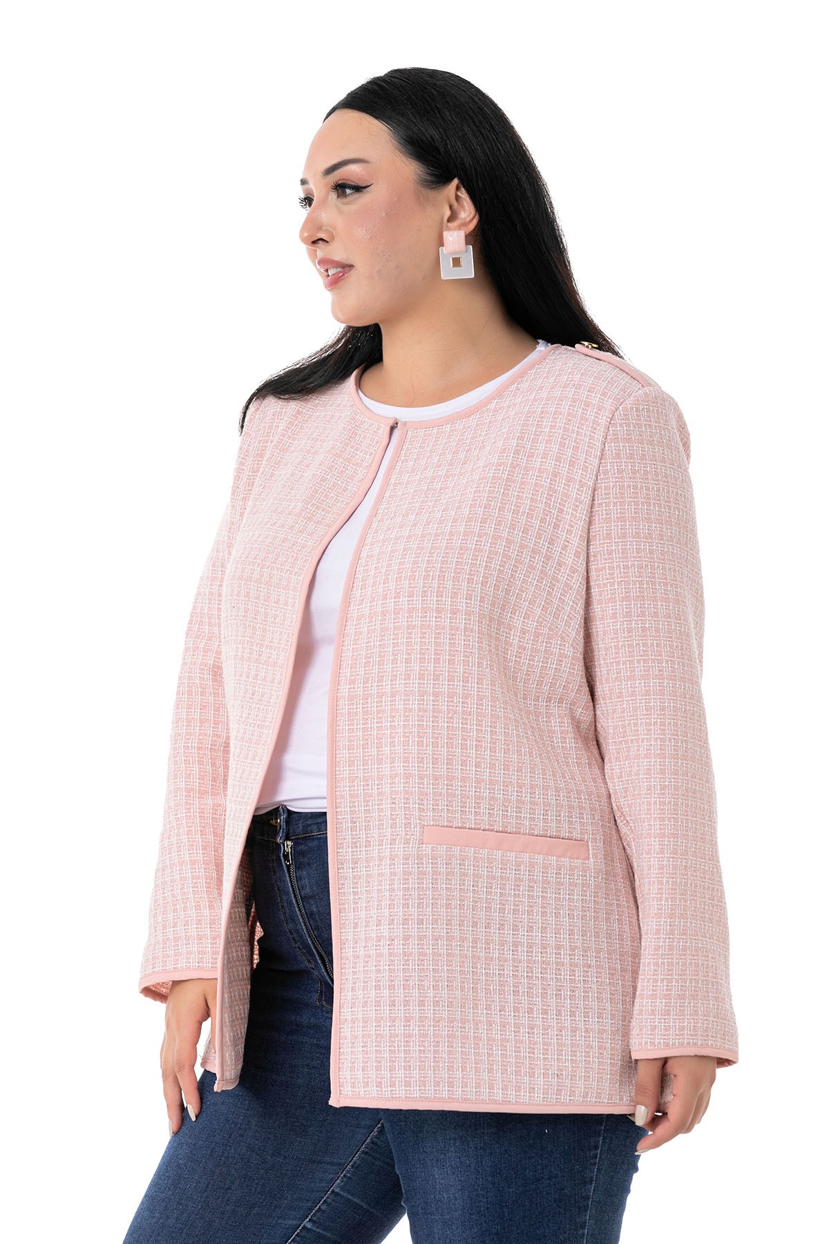 Plus Size Pink Unlined Jacket with Piping Detail Epaulettes Fake Pockets and Slings
