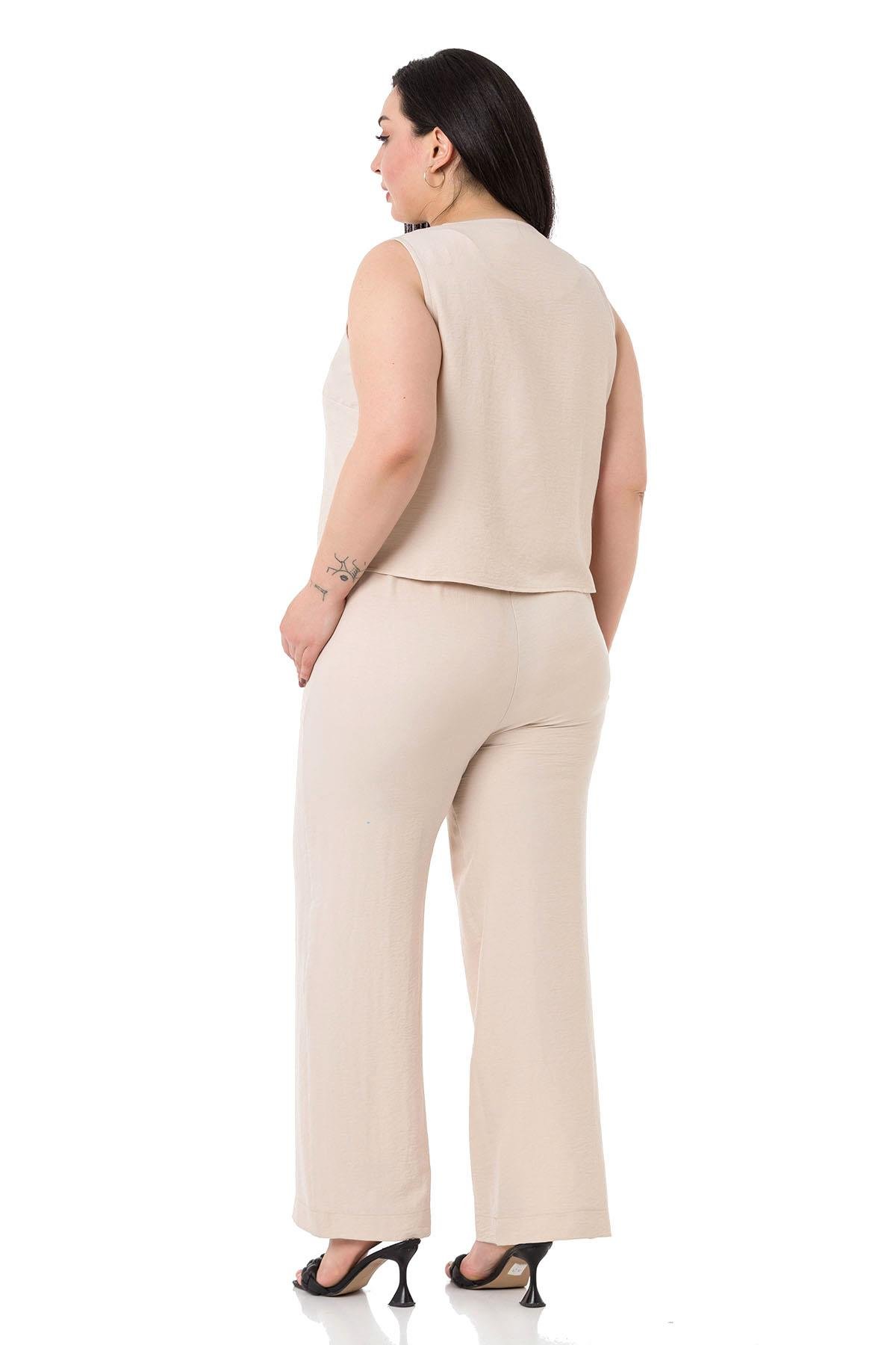 Büyük Beden Bluz Pantolon Aerobin Bej Takım