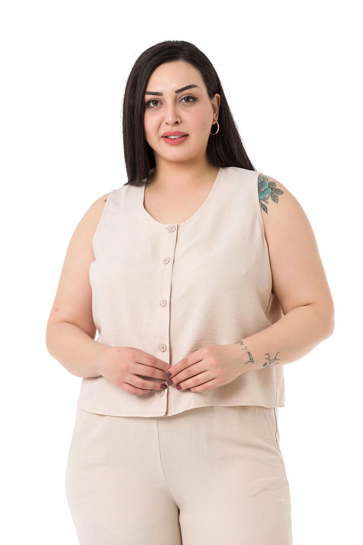 Büyük Beden Bluz Pantolon Aerobin Bej Takım