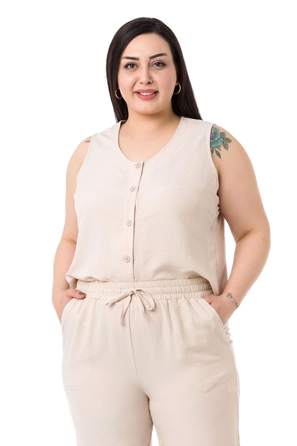 Büyük Beden Bluz Pantolon Aerobin Bej Takım