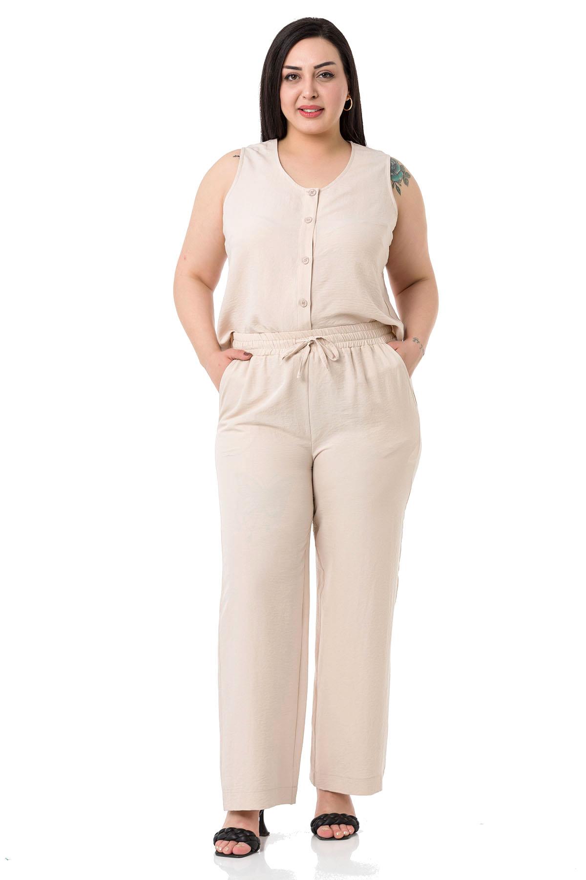 Büyük Beden Bluz Pantolon Aerobin Bej Takım