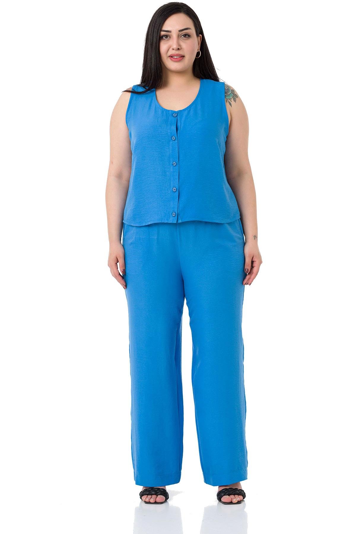 Büyük Beden Bluz Pantolon Aerobin Mavi Takım