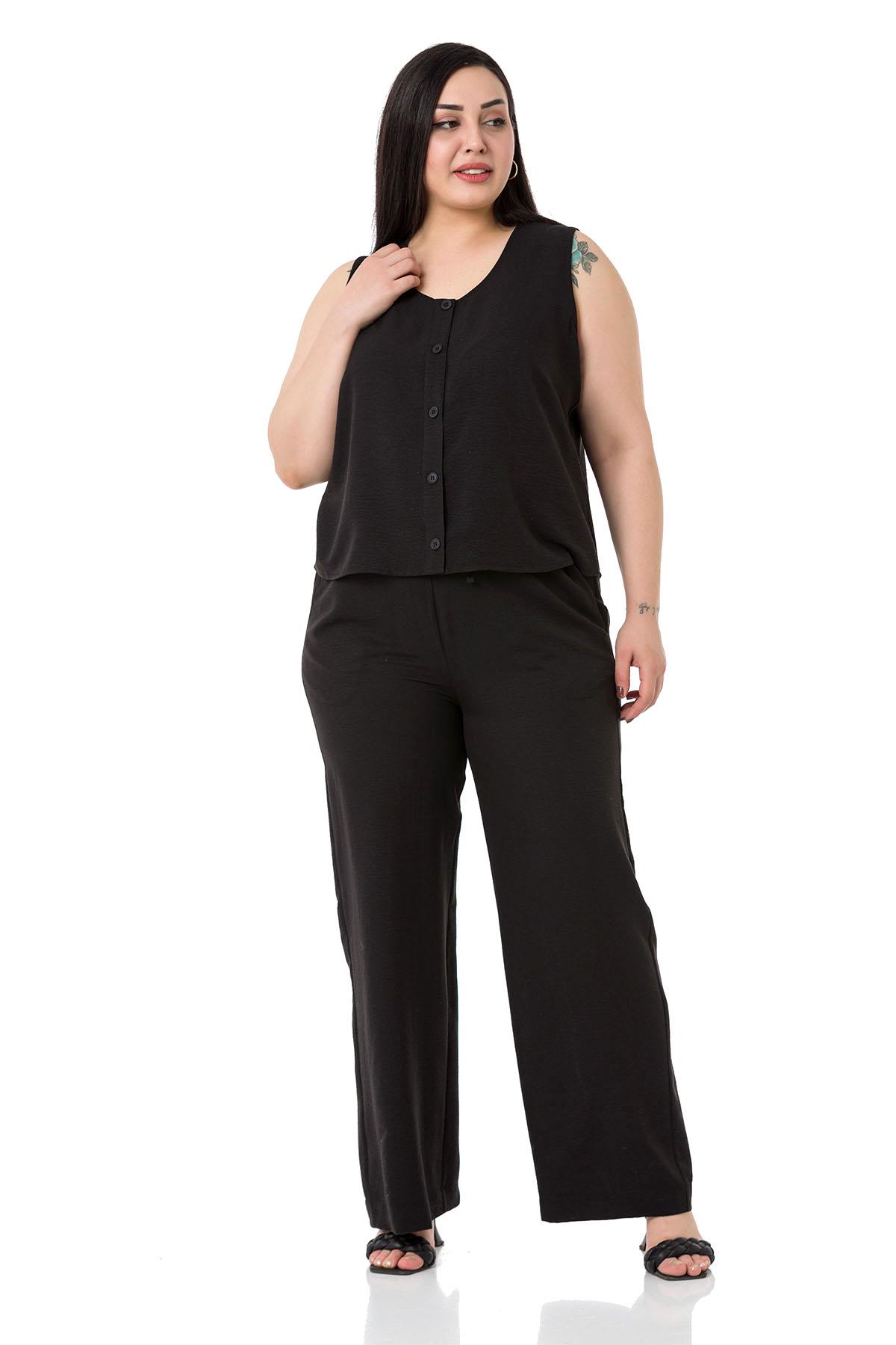 Büyük Beden Bluz Pantolon Aerobin Siyah Takım