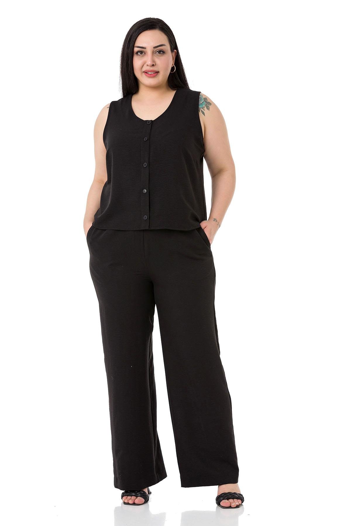 Büyük Beden Bluz Pantolon Aerobin Siyah Takım