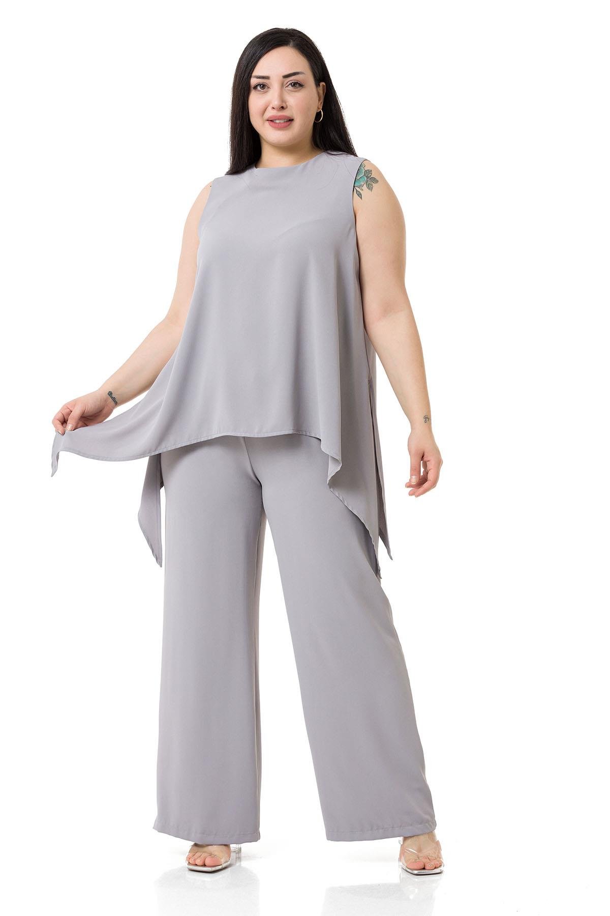 Büyük Beden Bluz Pantolon Gri Takım