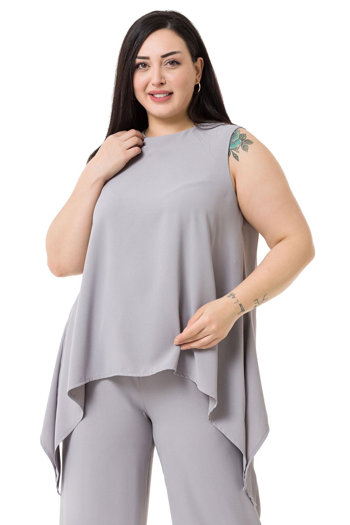 Büyük Beden Bluz Pantolon Gri Takım