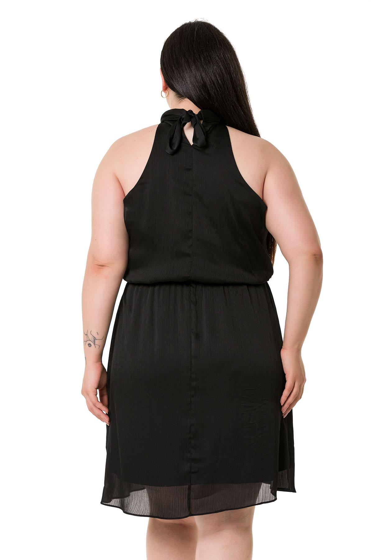 Plus Size Halter Neck Mini Satin Black Dress with Elastic Waist