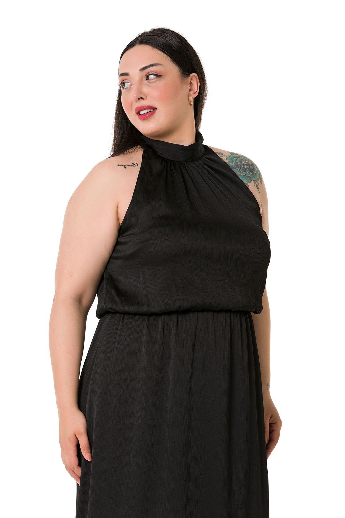Plus Size Halter Neck Elastic Waist Satin Long Black Dress