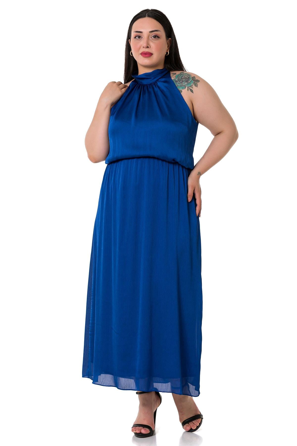 Plus Size Halter Neck Elastic Waist Satin Long Sax Blue Dress