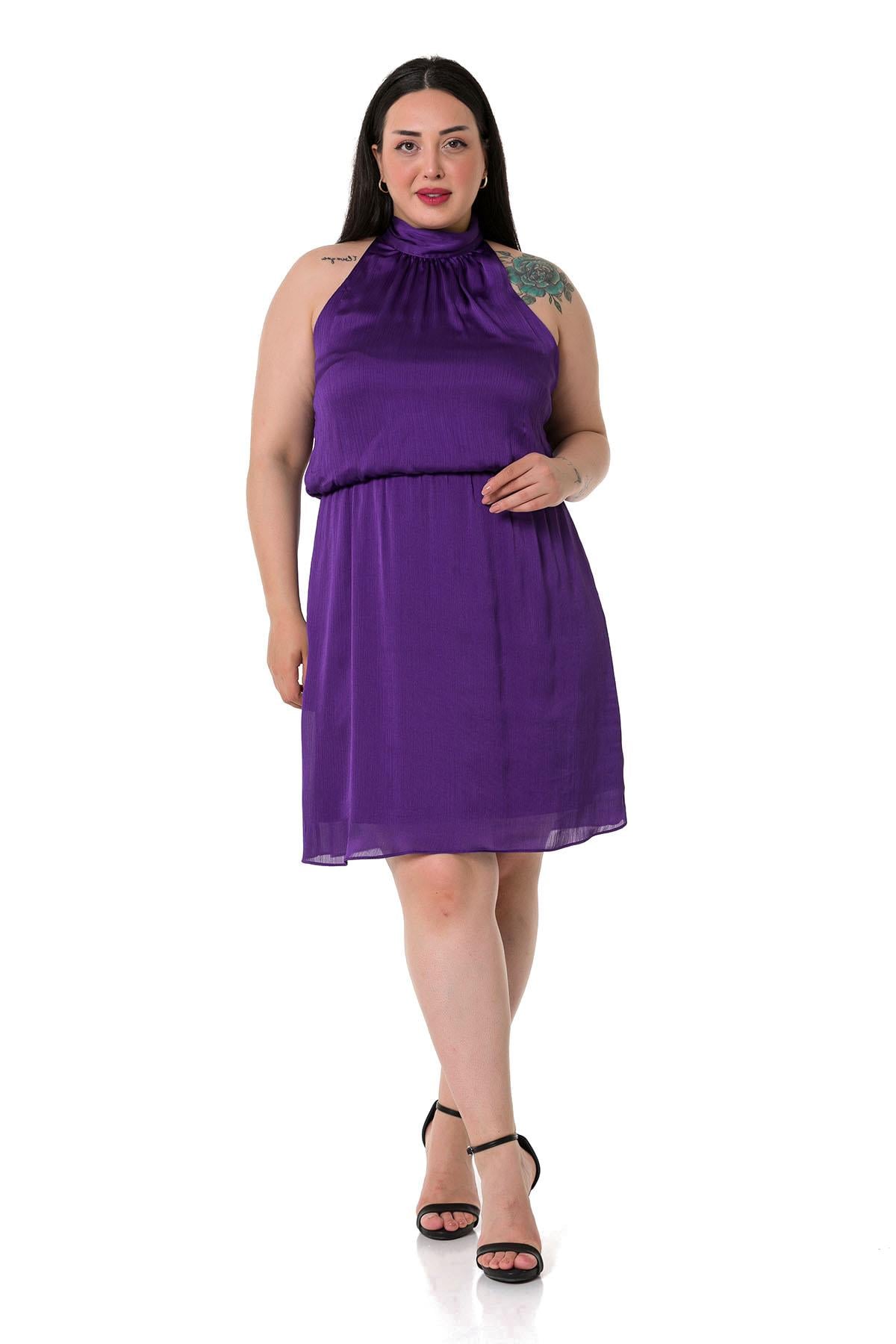 Plus Size Halter Neck Mini Satin Purple Dress with Elastic Waist