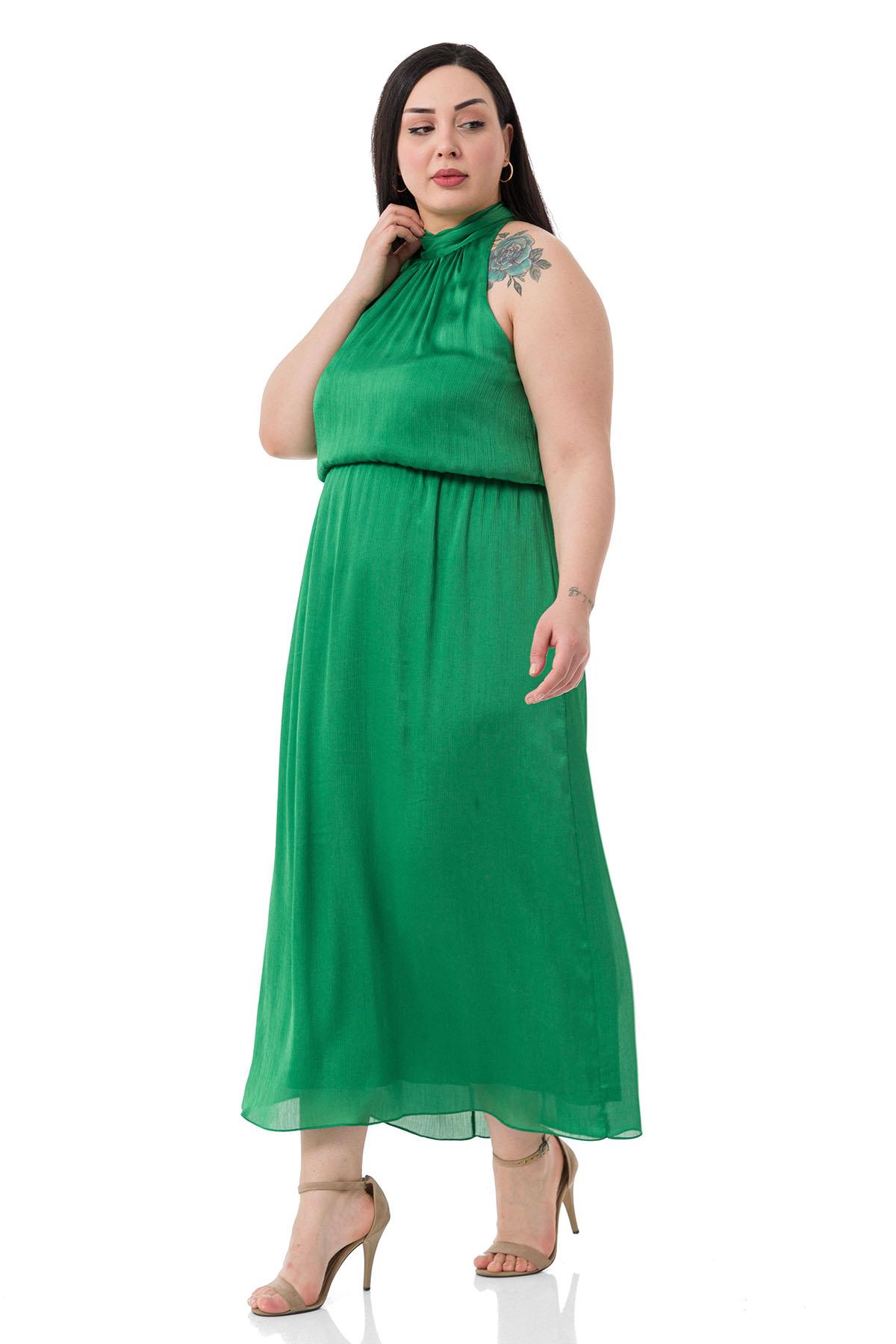 Plus Size Halter Neck Elastic Waist Satin Long Green Dress