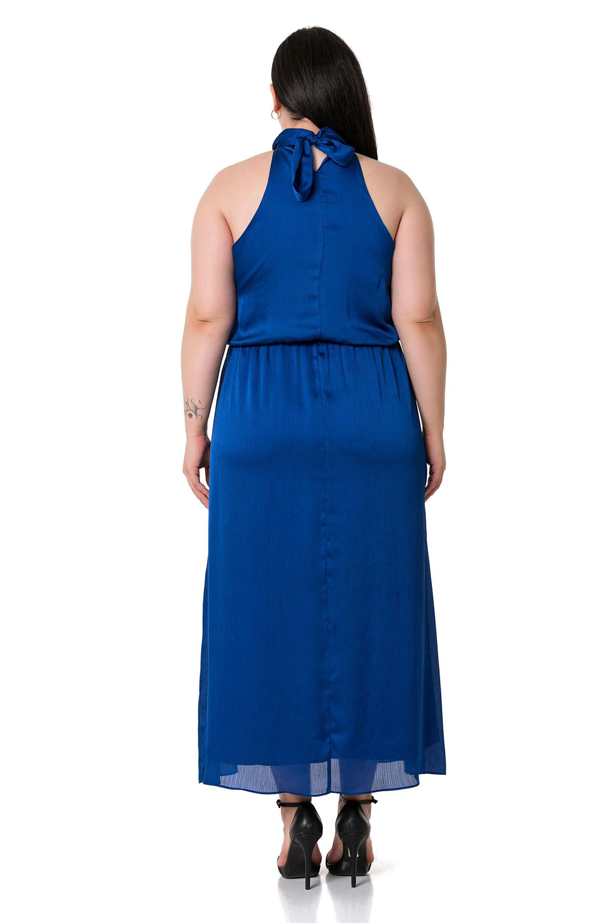 Plus Size Halter Neck Elastic Waist Satin Long Sax Blue Dress