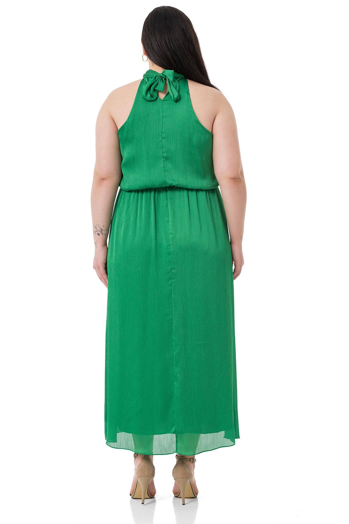 Plus Size Halter Neck Elastic Waist Satin Long Green Dress
