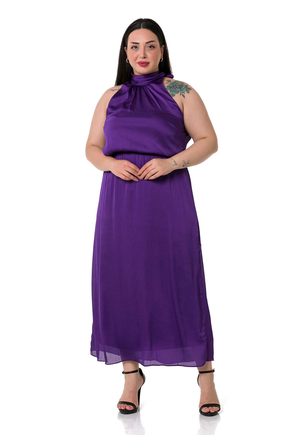 Plus Size Halter Neck Elastic Waist Satin Long Purple Dress