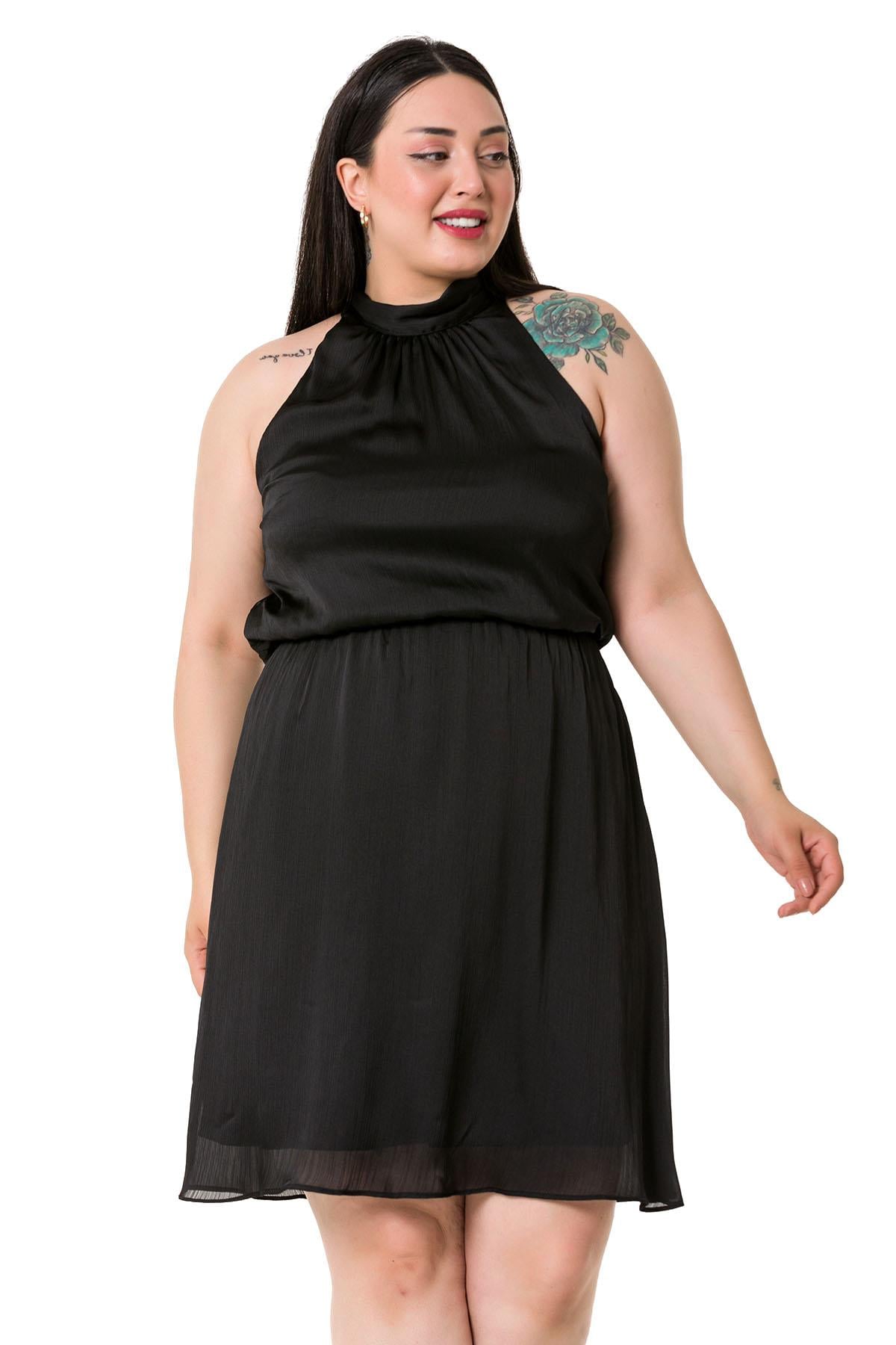 Plus Size Halter Neck Mini Satin Black Dress with Elastic Waist