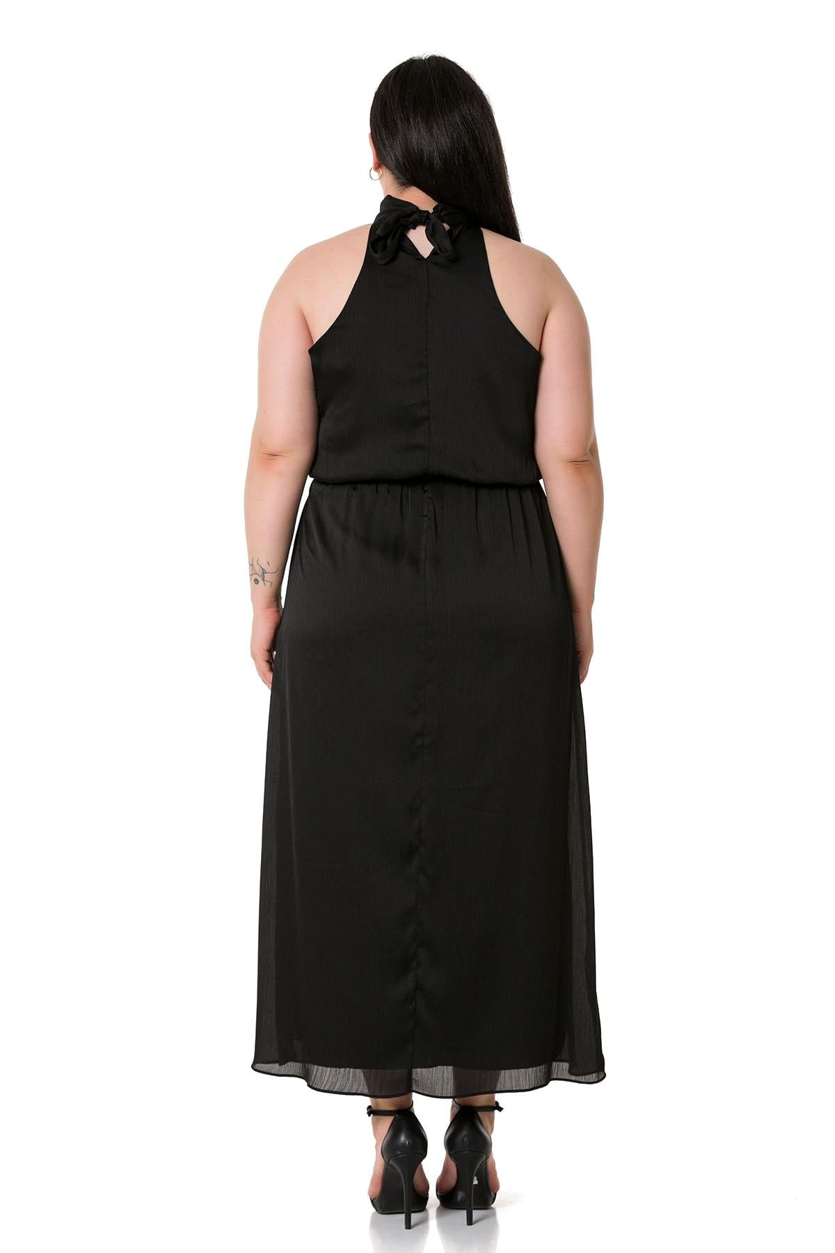 Plus Size Halter Neck Elastic Waist Satin Long Black Dress
