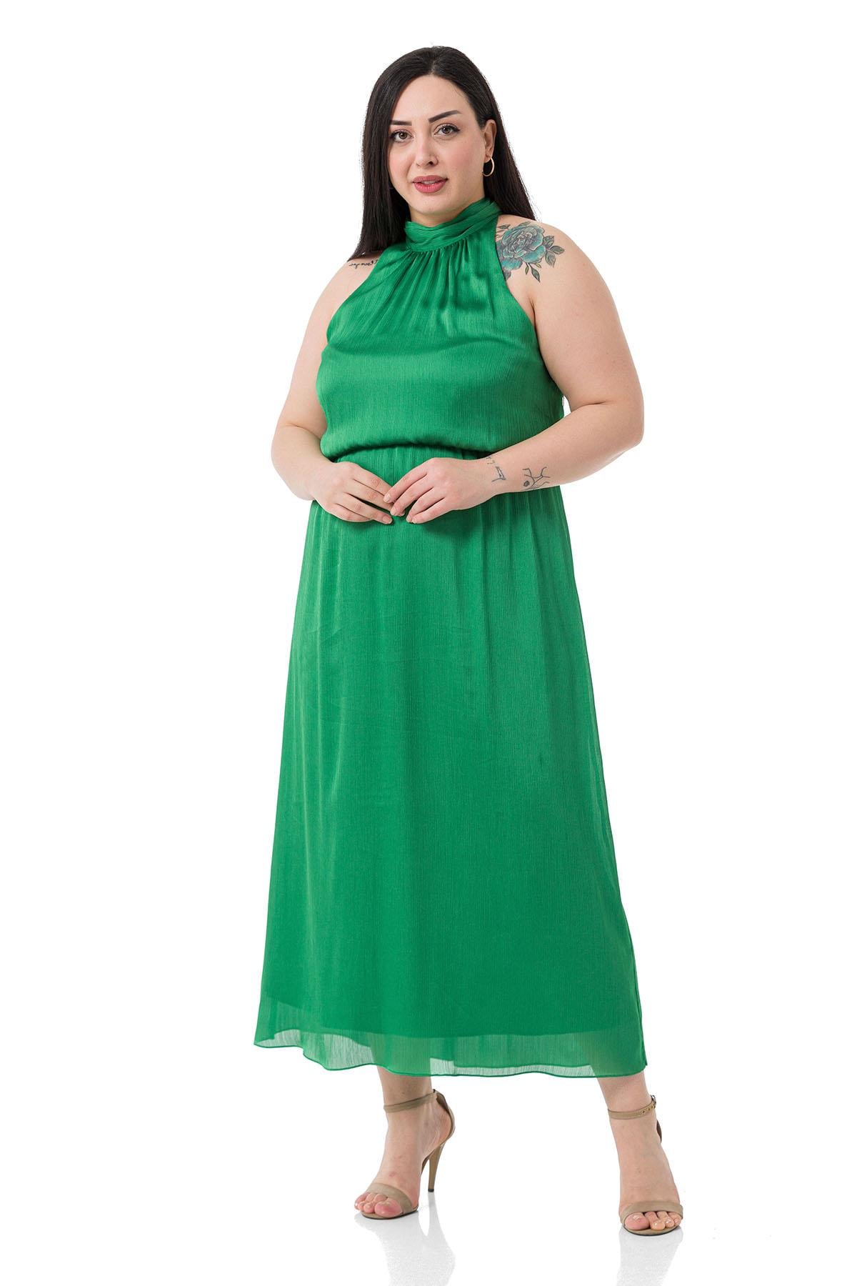 Plus Size Halter Neck Elastic Waist Satin Long Green Dress