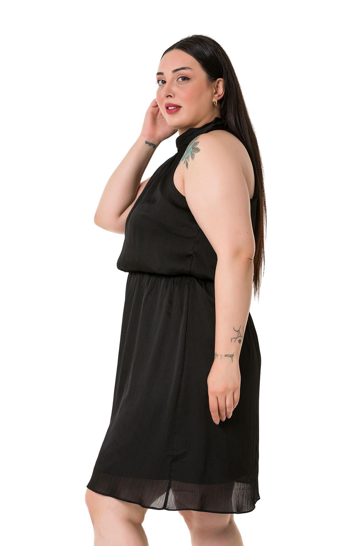 Plus Size Halter Neck Mini Satin Black Dress with Elastic Waist