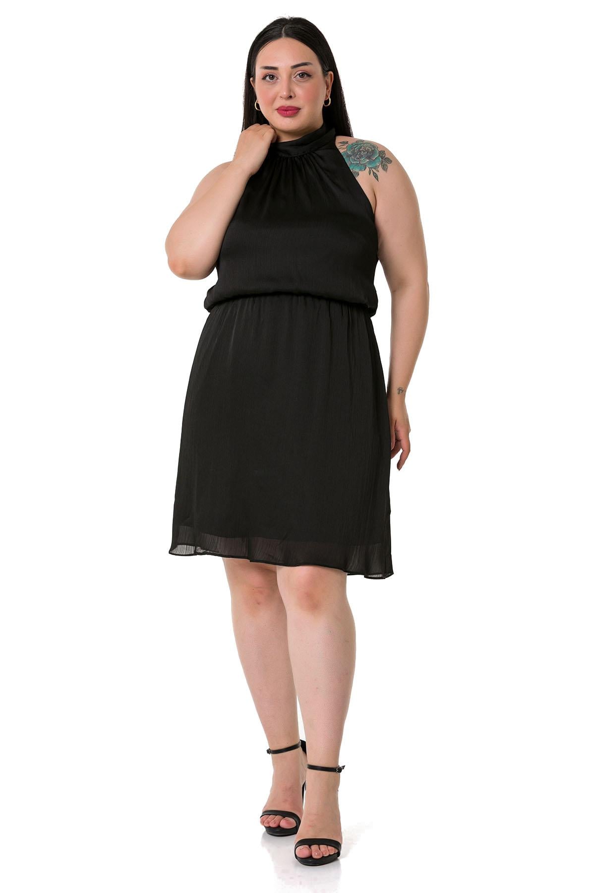 Plus Size Halter Neck Mini Satin Black Dress with Elastic Waist
