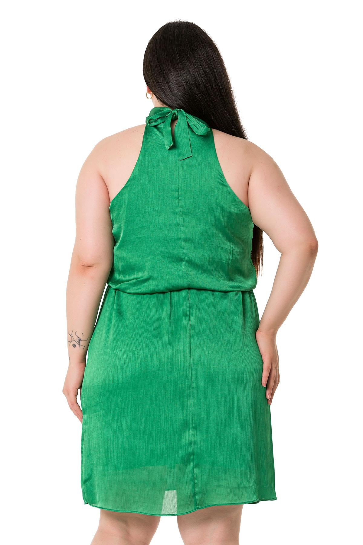 Plus Size Halter Neck Mini Satin Green Dress with Elastic Waist