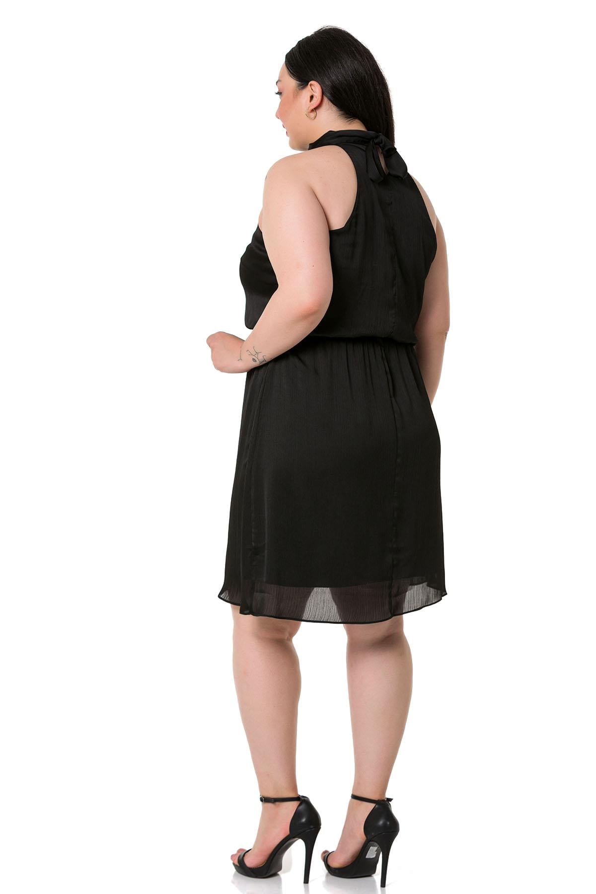 Plus Size Halter Neck Mini Satin Black Dress with Elastic Waist