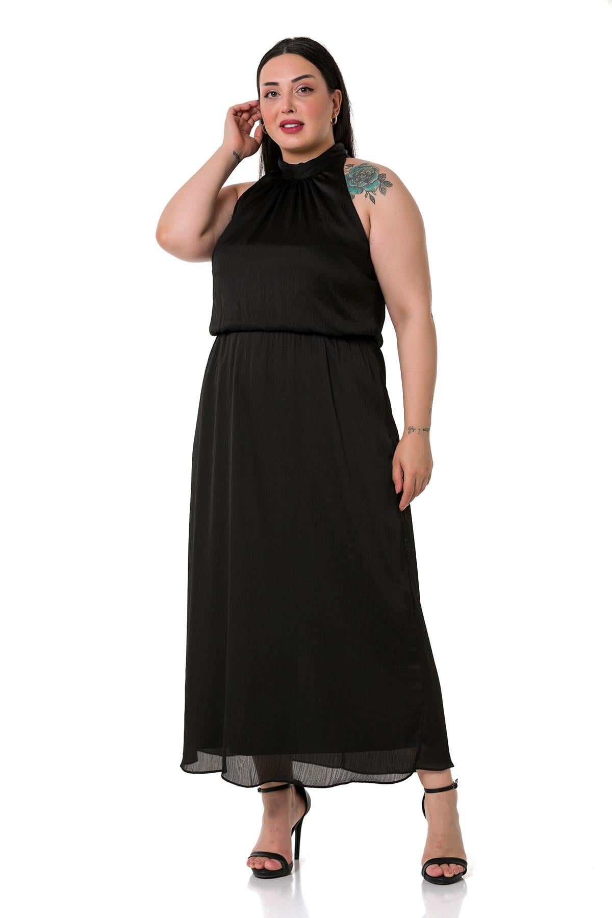 Plus Size Halter Neck Elastic Waist Satin Long Black Dress
