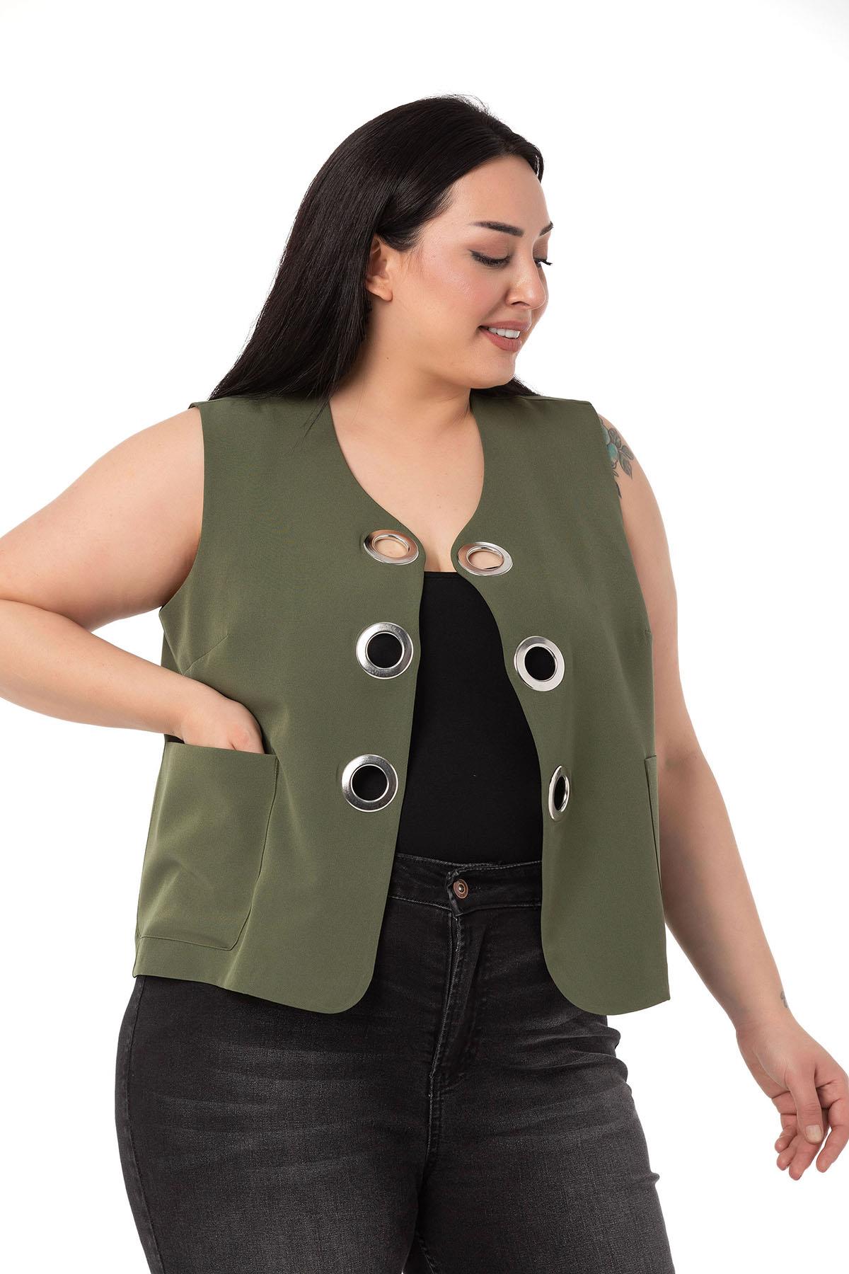 Plus Size Khaki Vest with Large Eyelet Detail