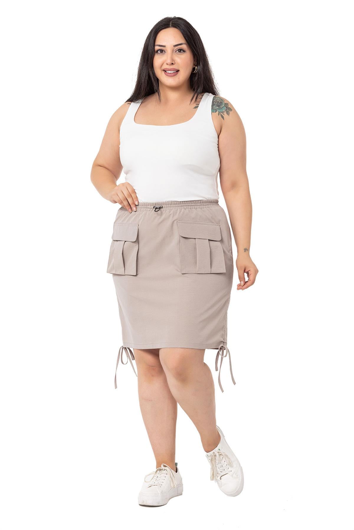 Plus Size Gather Detailed Parachute Mini Stone Skirt