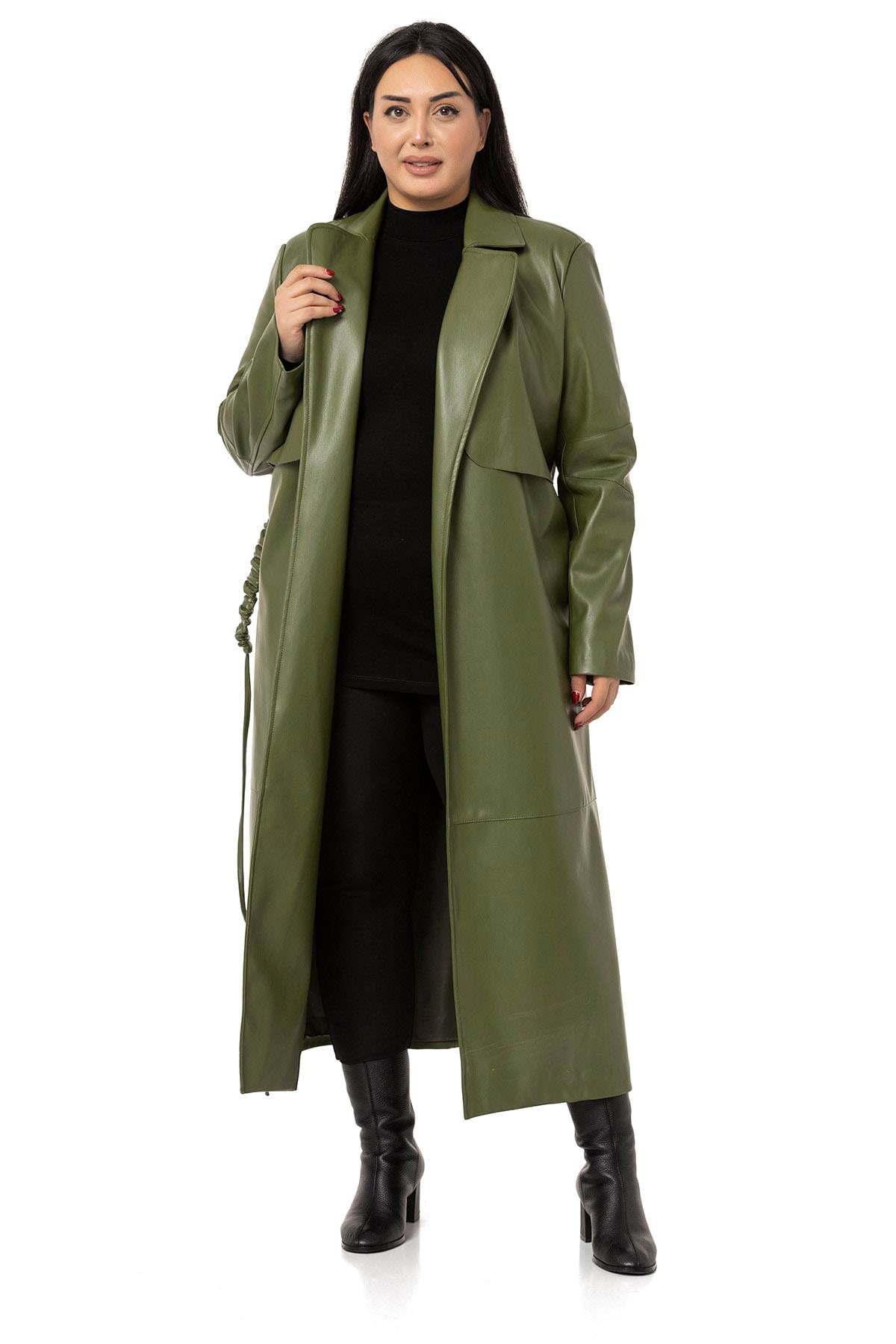 Plus Size Windbreaker Long Leather Lined Khaki Coat