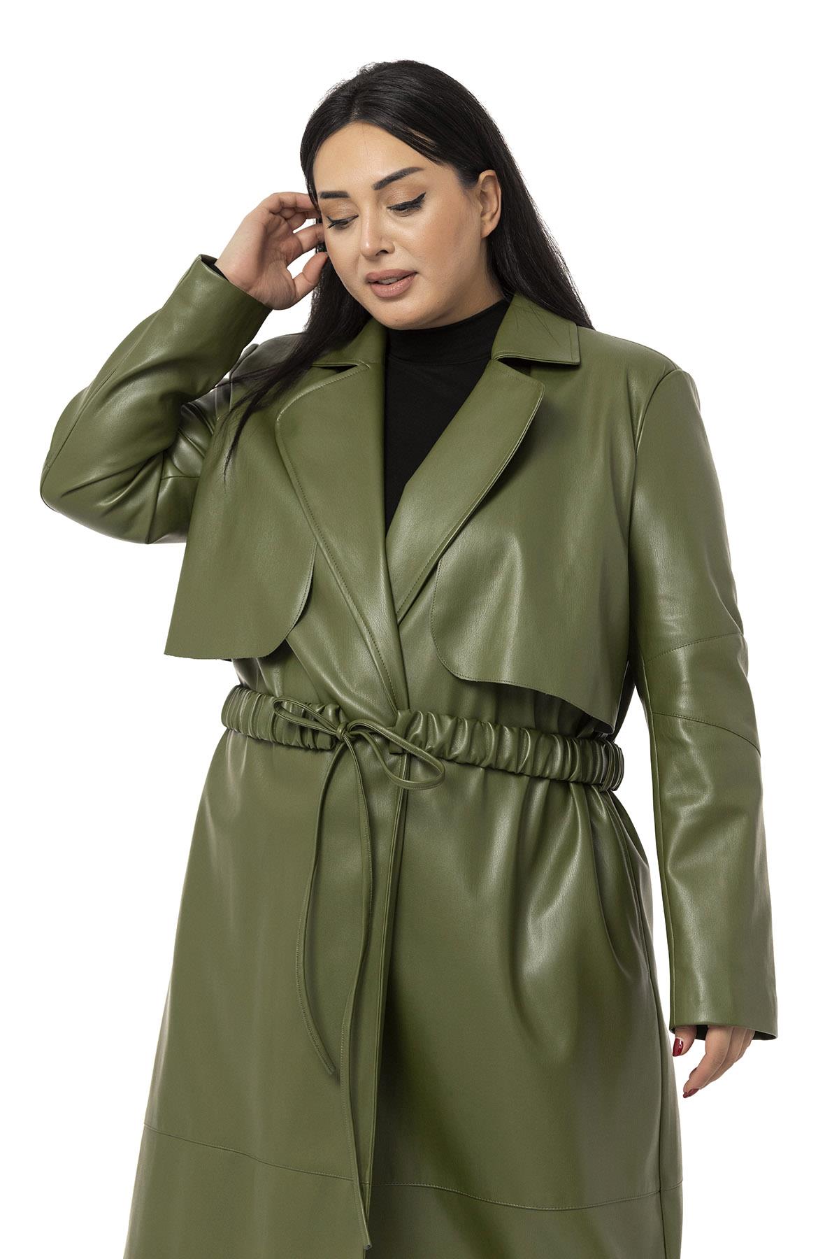 Plus Size Windbreaker Long Leather Lined Khaki Coat