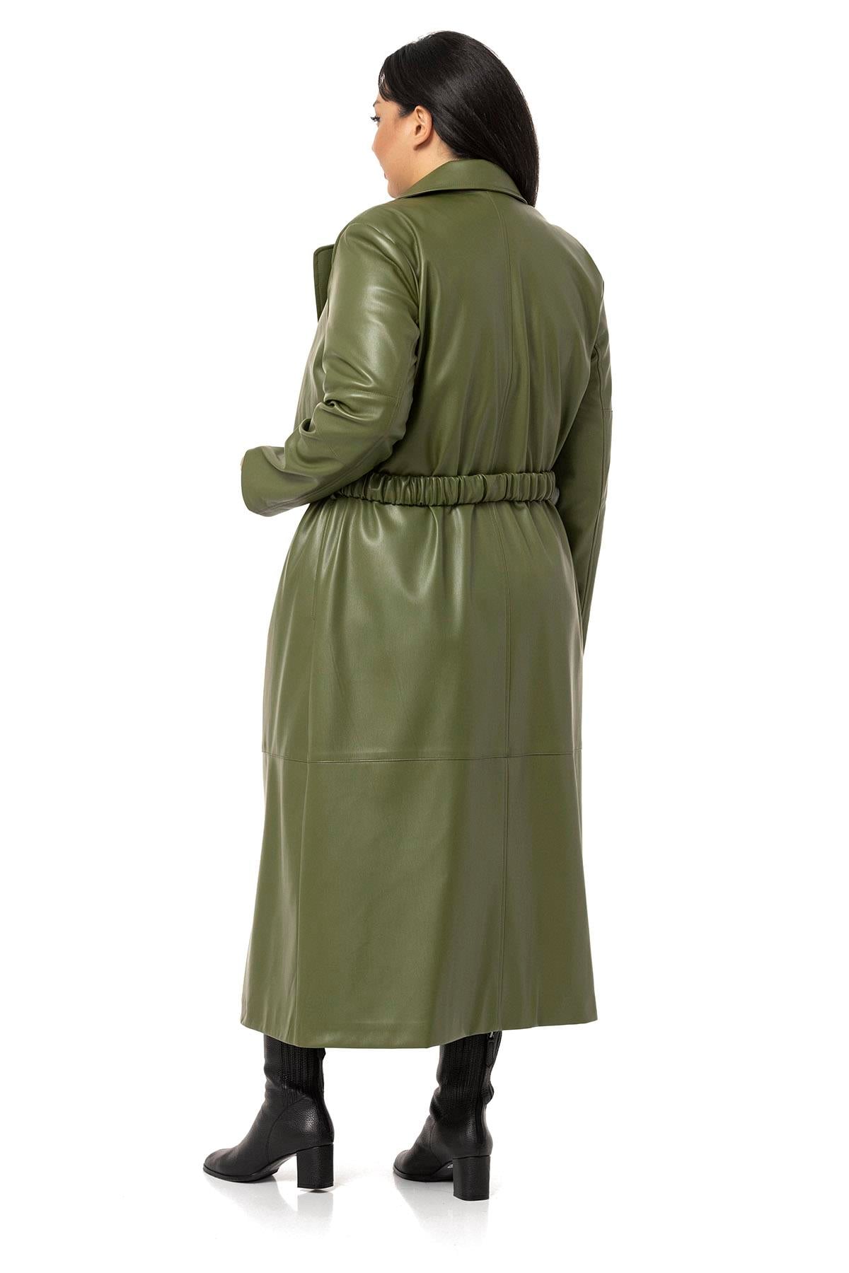 Plus Size Windbreaker Long Leather Lined Khaki Coat